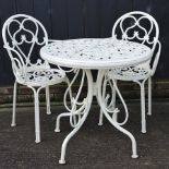 A cream painted metal garden table, 77cm,