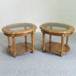 A pair of French walnut glass top coffee tables,