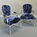 A pair of silver painted and velvet upholstered open armchairs