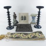 A collection of items to include a pair of blue pottery candlesticks, 37cm tall, figures,