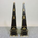 A pair of toleware style chinoiserie decorated obelisks,