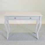 A grey painted console table, with a single drawer,