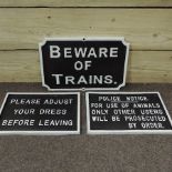 A painted metal sign, Beware of Trains, 32cm,