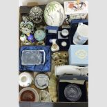 A box of china and glass, to include a Mason's mantel clock,