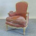 A Louis XV style pink upholstered show frame arm chair