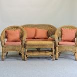 A wicker and bamboo conservatory suite, to include a sofa,