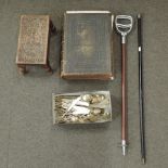 A Victorian bible, together with a carved oak footstool, a silver top walking cane,