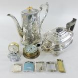 A collection of items, to include silver plated teapots,