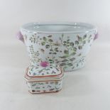 A Chinese pottery footbath, 26cm tall, together with a porcelain dish and cover,