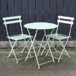 A green painted metal bistro table, 60cm diameter,