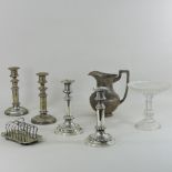 A pair of silver plated candlesticks, together with another pair, a jug,