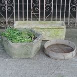 A reconstituted stone hexagonal planter, together with a reconstituted stone trough,