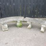 A reconstituted stone curved garden bench, 122cm, together with another,