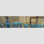 A 19th century continental blue glass liqueur set, with painted decoration,