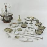 A 19th century matched condiment set, with Georgian silver mounted bottles, in a wooden stand,