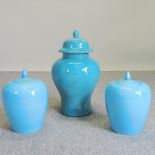 A blue glazed pottery ginger jar and cover, 50cm tall,