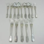 A set of five George III silver fiddle pattern table forks, each engraved with a camel, London 1791,