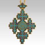 A Romanian Patriarchal Cross award, gilt metal enamelled in turquoise and black,