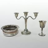 A silver three branch candelabra, of small proportions, Birmingham 1955, 21cm high,