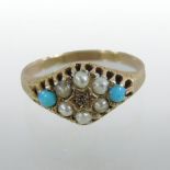 An 18 carat gold turquoise and split pearl cluster ring