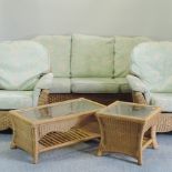 A Kingsway Cane conservatory suite, with green upholstered loose cushions, comprising a sofa, 207cm,