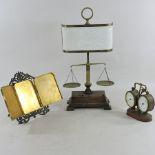 A set of late 19th century brass mounted scales, with light and shade, 53cm tall overall,