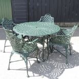 A green painted metal garden table, 101cm,