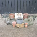 A white glazed butler's sink, together with two chimney pots, garden pots,