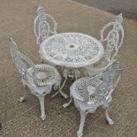 A white painted metal garden table, 69cm diameter,