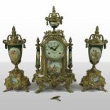 A French gilt metal mounted porcelain three piece clock garniture,