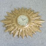 A 1950's gilt Sunburst wall clock,