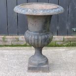 A Victorian black painted cast iron urn,