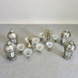 A ceiling light, together with another and four hanging lanterns,