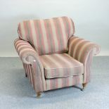 A red striped upholstered armchair