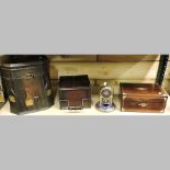 A wooden decanter box, together with a walking stick, a Victorian box, a model car,