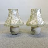 A pair of stone effect table lamps and shades,
