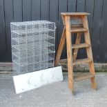 A galvanised wine rack, 62cm, together with a wooden stepladder, 120cm high,