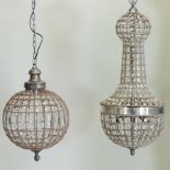 A metal and cut glass ball shaped chandelier, together with another,