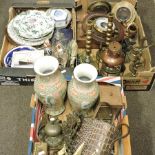 Three boxes of brass and china,