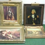 A collection of four various gilt framed pictures, to include portraits, largest 45 x 60cm,