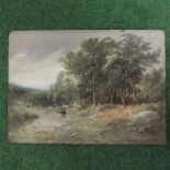 English School (circa 1900), wooded landscape with figures on a path, 18 x 25cm,