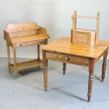 An antique pine washstand, together with a small pine shelf and a pine work table,