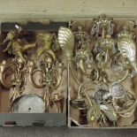 A pair of brass and glass three branch wall lights, together with various others,