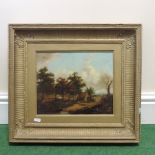 Continental school, 19th century, woodland landscape with barn, oil on panel,