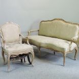 A 19th century style silk upholstered gilt painted sofa, 167cm wide,