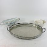 A silver plated tray, together with a Quimper centrepiece, 37cm,