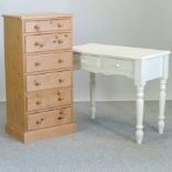 A modern pine narrow chest of drawers, together with a painted pine side table with two drawers,
