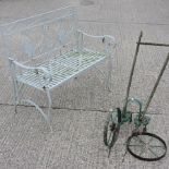 A grey painted metal folding garden bench, 110cm,