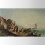 Alfred Montague, (circa 1832-1883), Coastal landscape with figures and ships, signed oil on canvas,