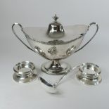 A pair of modern silver stands, 12cm diameter, together with a plated tureen and cover,